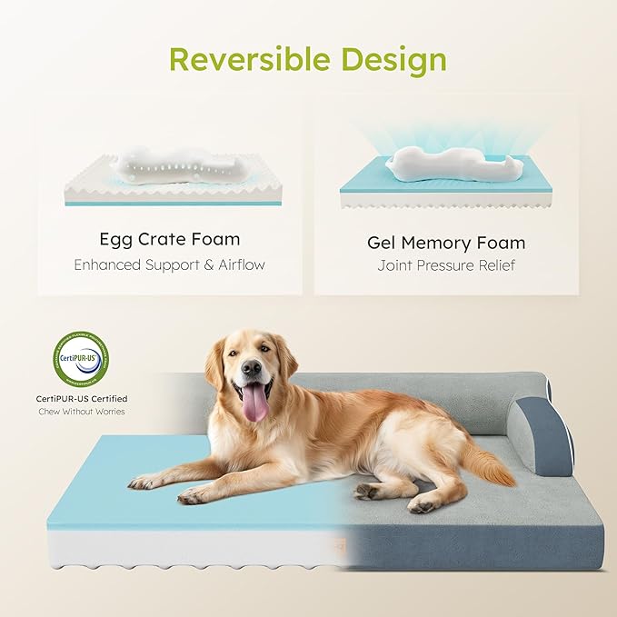 XXL Orthopedic Dog Bed, Big Dog Bed for Large Dogs, Dual-Sided Pet Cooling Beds with Memory Foam Washable Cover Nonslip Bottom, Waterproof Pet Couch with Bolsters, Dark Grey