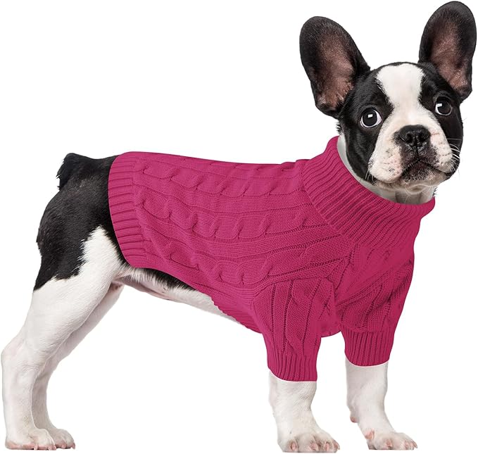 Small Dog Thermal Pullover Sweater, Classic Turtleneck Cable Knitwear Dog Clothes for Cold Weather Warm Pet Clothes for Chihuahua, Bulldog, Dachshund, Pug Hot Pink Large