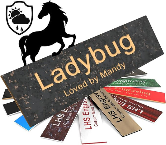 Horse Stall Name Plate, 2x10 Personalized Stall Signs, UV Protected, All Weather Adhesive, Hanging, Mounting or Other, Charcoal Marble Pattern Plastic Gold Letters - Made in USA - S6