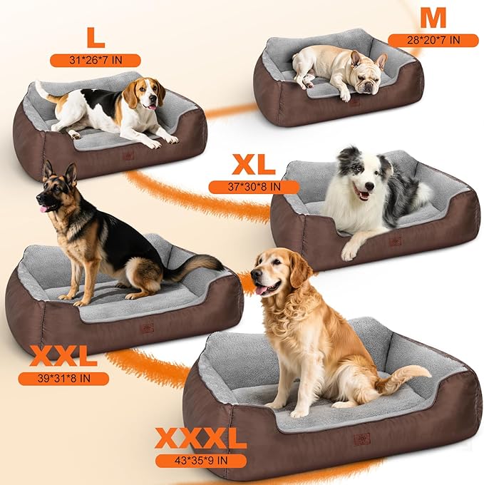Washable Orthopedic Large Dog Bed, XL Dog Beds for Extra Large Dogs, High Back Dogs Sofa with Non-Slip Bottom, 37”x30”x8”, Brown