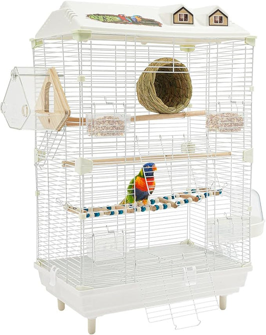 Two-Tier Bird Cage White Large Birdcage with Stand Food Containers Flight Cage for Parrot Lovebirds Finches Canaries Pigeons Parakeets Cockatiels