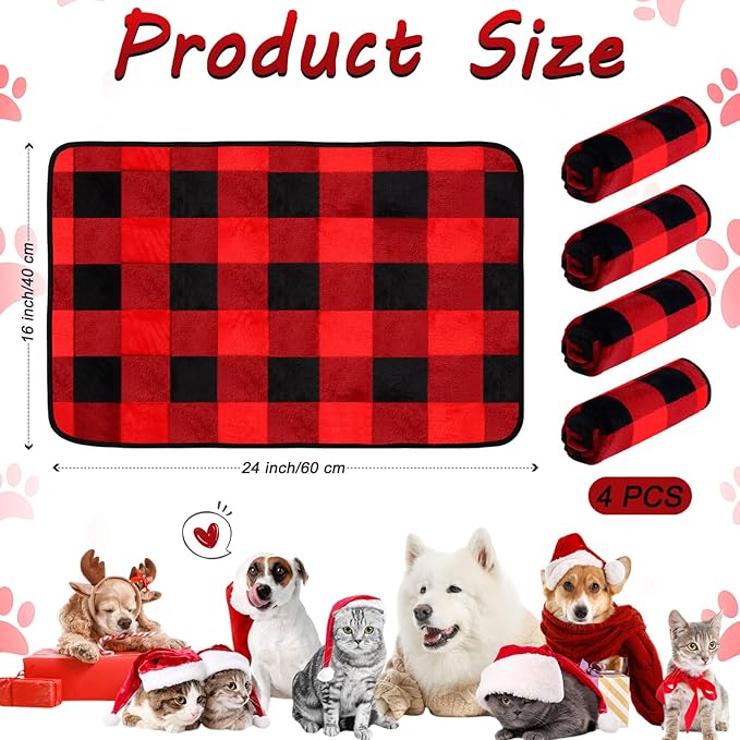 Reginary 4 Pcs Waterproof Guinea Pig Blankets Washable Small Animal Fleece Bedding Absorbent Guinea Pig Cage Liners Reusable Pet Pee Pad Sleep Mat for Hamster Ferret(Christmas Plaid,24 x 16 Inch)