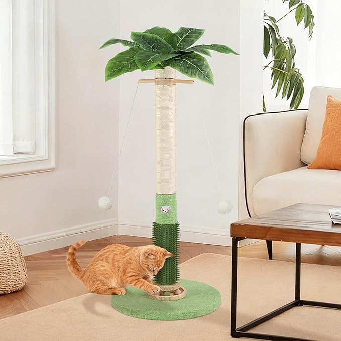 Cat Scratching Post,37.5'' Tall Sisal Cat Tree Scratching Post for Indoor Cat,Cat Scratcher with Cute Mouse Hole Toy,Interactive Ball and Rotating Ball Self Groomer Brush for Kittens Adults Cat
