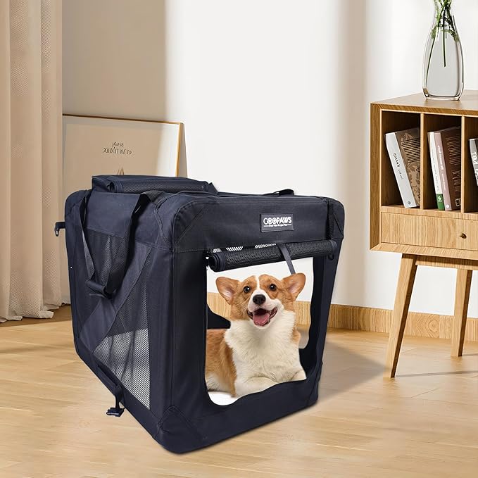 JESPET 30'' Soft Dog Crates Kennel for Pets, 3 Door Soft Sided Folding Travel Pet Carrier with Straps and Fleece Mat for Dogs, Cats, Rabbits, Grey Blue, Beige & Black (30?�L x 21?�W x23??H, Black)