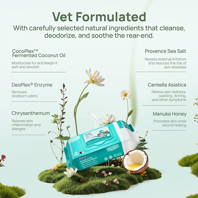 HICC PET Wipes for Dogs & Cats, Vet Recommended Cleansing Deodorizing & Soothing Allergy Infections Anal Gland Wipes with Coconut Oil, Dog Wipes for Cleaning Butt Paw, for Horse Skin, Coat & Hoof Care