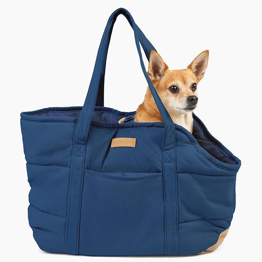 NoblePup Cozy Plush Dog Purse Carrier for Small Dogs - Dog Carrier Purse with Secure Harness Clip, Dog Tote Bag for Small Dogs and Puppies - Dark Blue