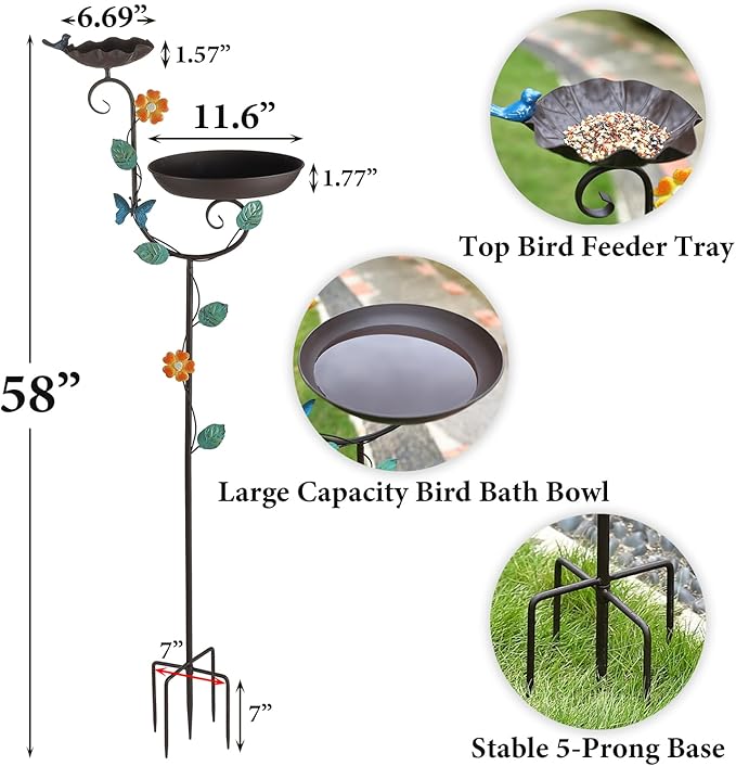 Free Standing Bird Baths for Outdoors, 58" H Decorative Bird Bath Feeder Combo with Metal Stake, Upgraded 5 Spikes Detachable Antique Birdbaths for Garden Patio Yard Lawn