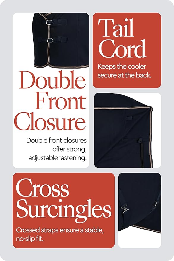 HORZE Kiel Fleece Horse Cooler Blanket | Quick-Dry Fleece Horse Cooler Sheet with X-Surcingles & Tail Cord - Dark Navy - 66 in