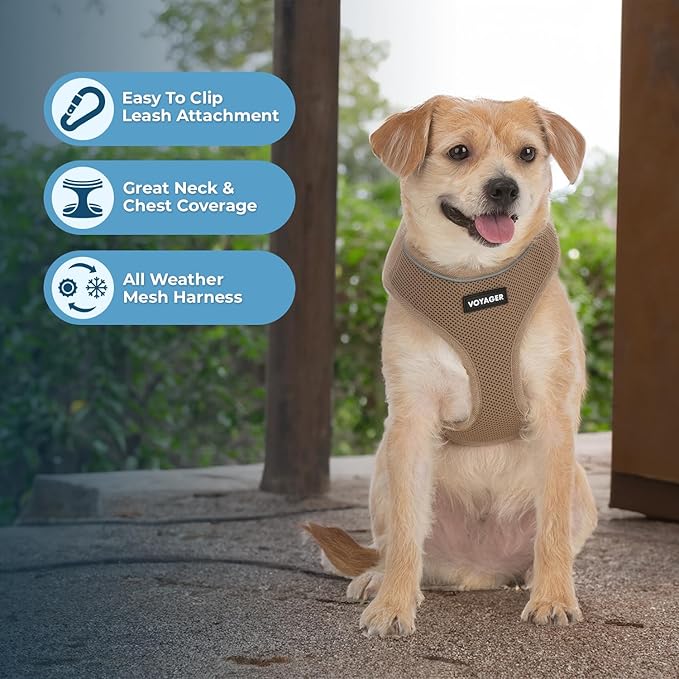 Best Pet Supplies Voyager Mesh Dog Breathable Harness Reflective Stitching, All Weather Adjustable for Walking Training, or Running - Heavy Duty & Durable, 220 Style (Beige), XL