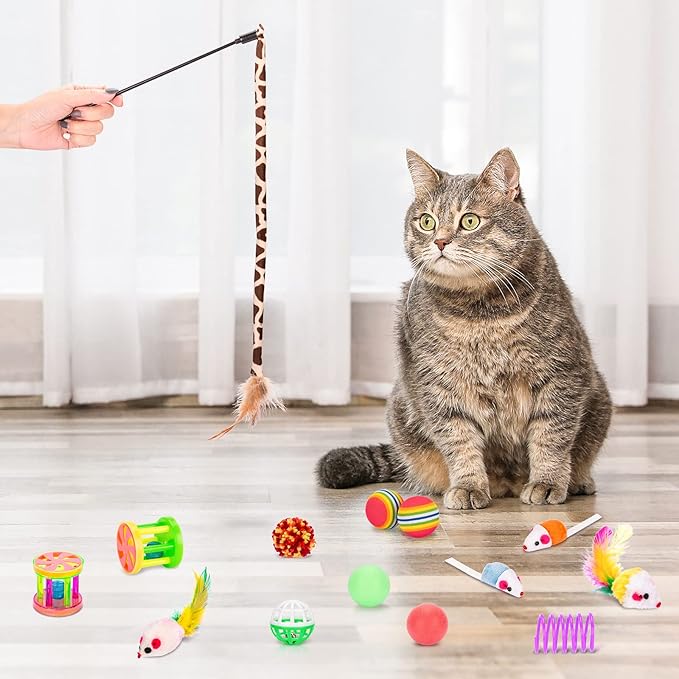 Retro Shaw Cat Toys Packs 33Pcs, Interactive Kitten Toys for Indoor Cats Kitty with Collapsible Play Tunnel Tube Tent Feather Wand Teaser Bell Fuzzy Ball Springs Mouse Toy