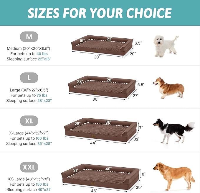 Orthopedic Dog Beds for Large Sized Dog, XL Bolster Pet Couch with Waterproof Lining, Egg Crate Foam Sofa for Pets Up to 100 lbs, U-Shaped, 44x32x7 inch, Brown