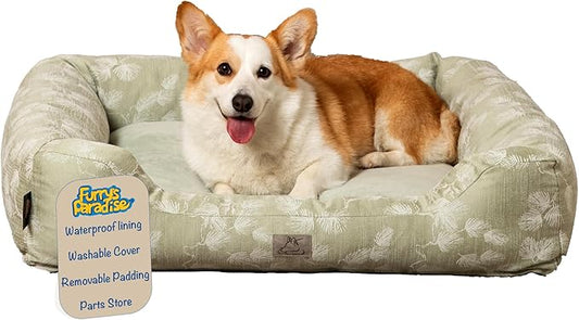 Furry's Paradise Cuddler Waterproof Bolster Pet Bed with Recycled Fibers and Non-Slip Bottom. (Blown Dandelions, Medium)