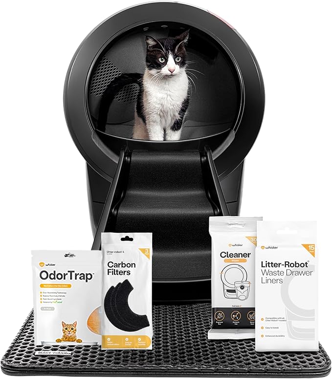 Litter-Robot 4 Supply & Accessory Bundle by Whisker, Black- Automatic Self-Cleaning Cat Litter Box, Includes Litter-Robot 4, Ramp, Mat, 3 OdorTrap Packs, 10 Liners, 30 Wipes, & 2 Carbon Filters