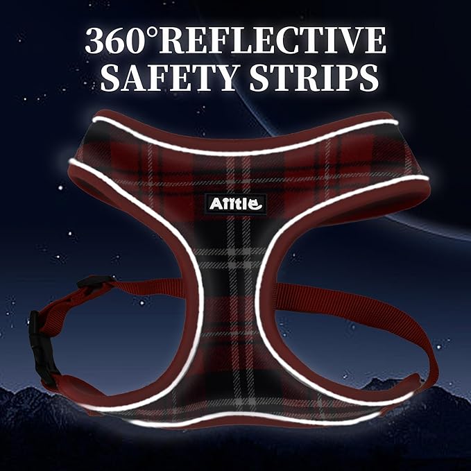 AIITLE No Pull Christmas Dog Harness with Triple-Layer Plaid Mesh, Reflective & Adjustable Chest Belt, Easy On/Off for Pekingese, Schnauzer – Durable for Daily Walks, Parties (L, Red)