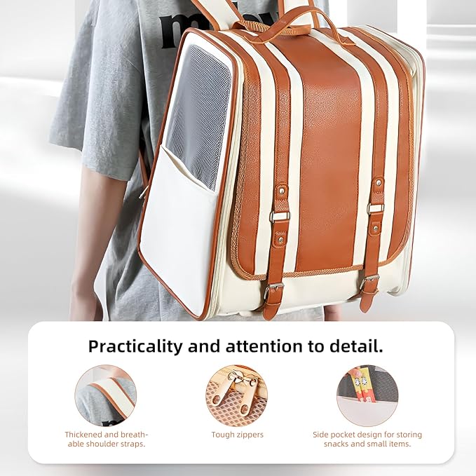 Faux Leather Cat Backpack Carrier,Cat Carrying Backpack for Small Cats and Dogs,Combines Light-Blocking Capabilities for Privacy Protection with air Circulation,Cushion Back Support