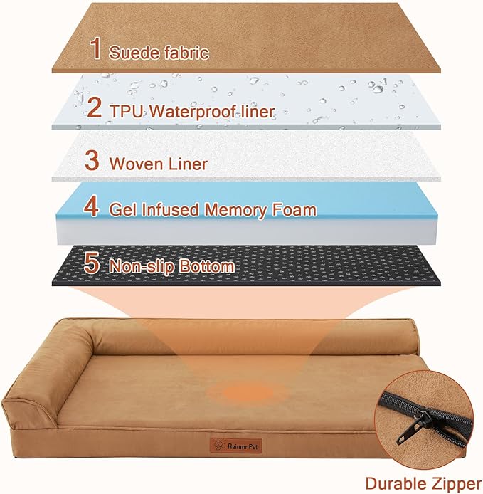 Orthopedic Dog Bed Medium Size Dog, Memory Foam Pet Bed for Medium Dogs, Removable and Washable Microsuede Cover, TPU Waterproof Liner, Nonskid Bottom, 35x23x6 Inches, Khaki