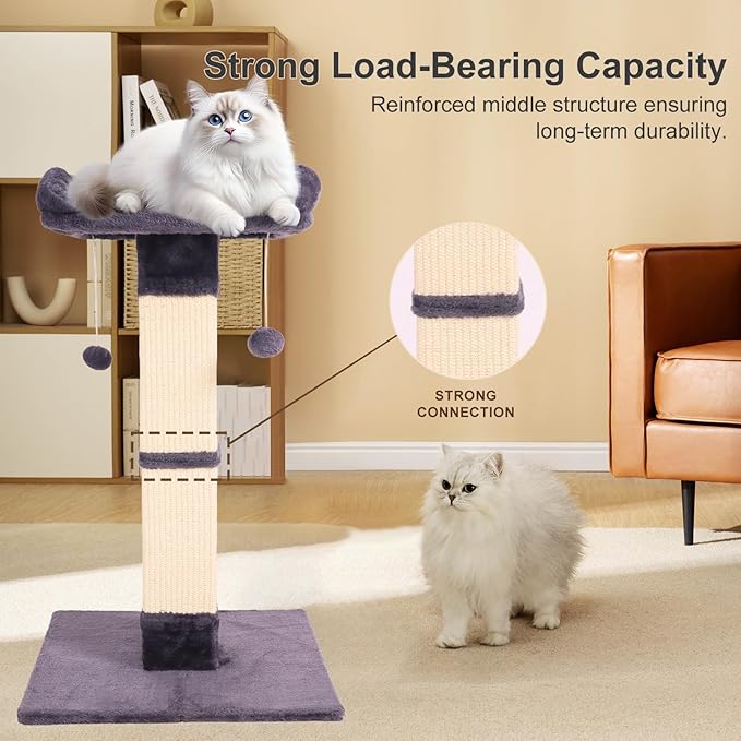 34" Cat Scratching Post for Indoor Cats, Sisal Cat Scratcher with Plush Perch and with Two Dangling Balls, Large Scratch Post with Bed, Removable Cover, Sisal Fabric