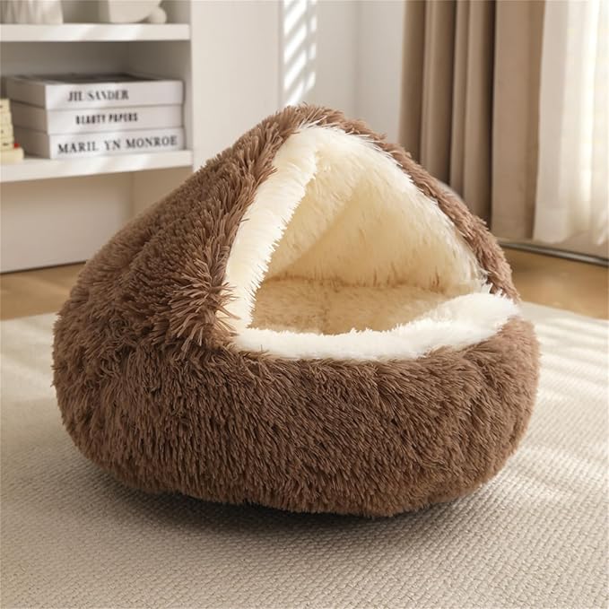 Nest Bed - Lapcatz Cat Beds for Indoor Cats, Fluffy Cat Bed Cave Plush Warm Nest for Cats (Brown,S 16"x16")