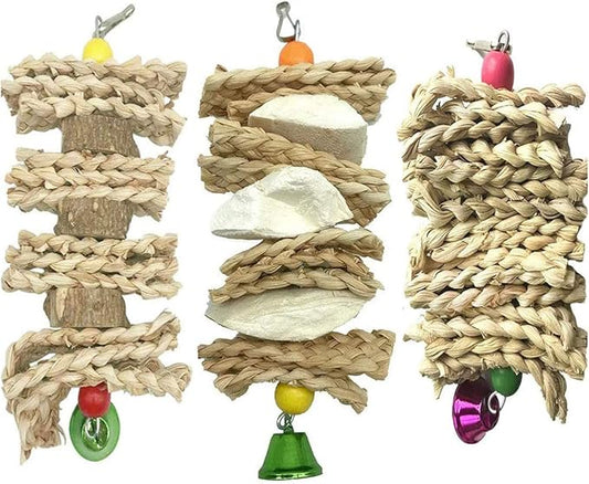 Hamiledyi Parrot Toys Chewing Bird Toy Cuttle Bone Beak Grinding Cage Hanging Bell Toys for African Greys Amazon Conure Eclectus Budgies Parakeet Cockatiel Hamster Chinchilla Rabbit 3 Pack