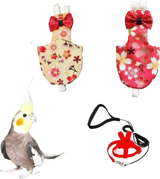 UKJENT Bird Diaper with 78 Inch Flying Leash - 2 Pack, Reusable Flight Suit with Waterproof Inner Layer, Washable Cute Urine Wet Suit for Cockatiel Monk Parakeet Sun Parakeet Lory(M)