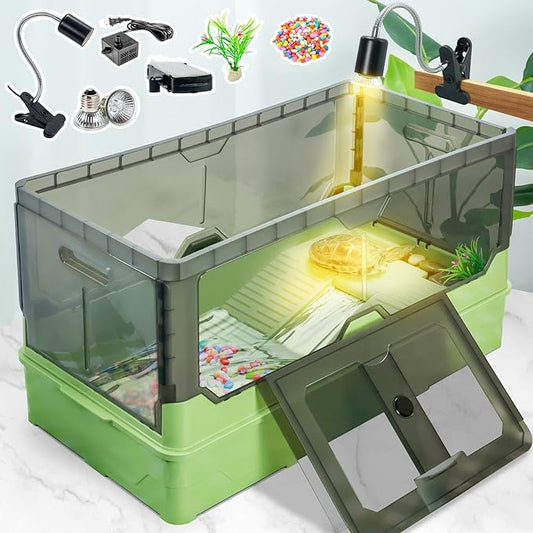 Turtle Tank kit with Filter+Water Pump+Heat lamp, Wheels, Easy to Move, Imitate The Natural Flows, Suitable for Small Turtle Horned Frog Hermit (L, Green)
