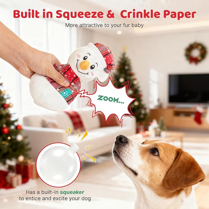 Christmas Dog Toys – Plush Reindeer & Snowman Holiday Set for Small and Medium Dogs, Soft Stuffed Chew Toys with Crinkle Ears, Festive Red Green Plaid, Cute Stocking Stuffer Gift