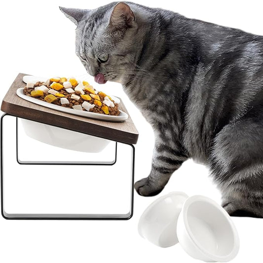 Sunhoo Elevated Cat Bowls for Indoor Cats Ceramic Kitty Dish Food Water Raised Tilted Puppy Feeding Sation with 4 Dishes Wooden Stand Pet Feeder Metal Legs Orthopedic ReducesVomiting（Brown）