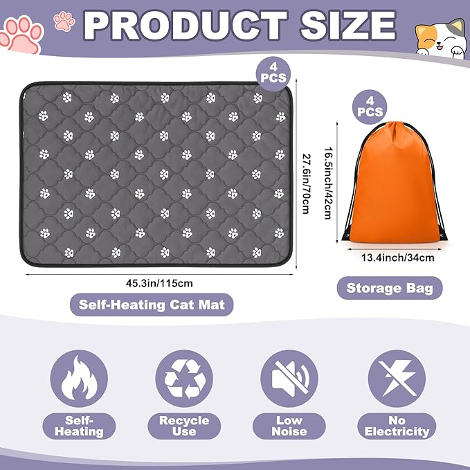 Riakrum 4 Pack Self Heating Cat Bed Pad Self Warming Pet Dog Mat Non Slip Washable Cat Kennel Crate Pad with Storage Bag for Indoor Outdoor Small Medium Dog Kitten (28 x 45 Inches)