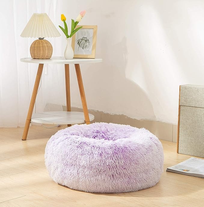 Dog Bed Large, Soft Round Cuddler Dog Beds Fluffy Plush Faux Fur Pet Beds, Anit-Anxiety Self-Warming Comfy (28", Purple)