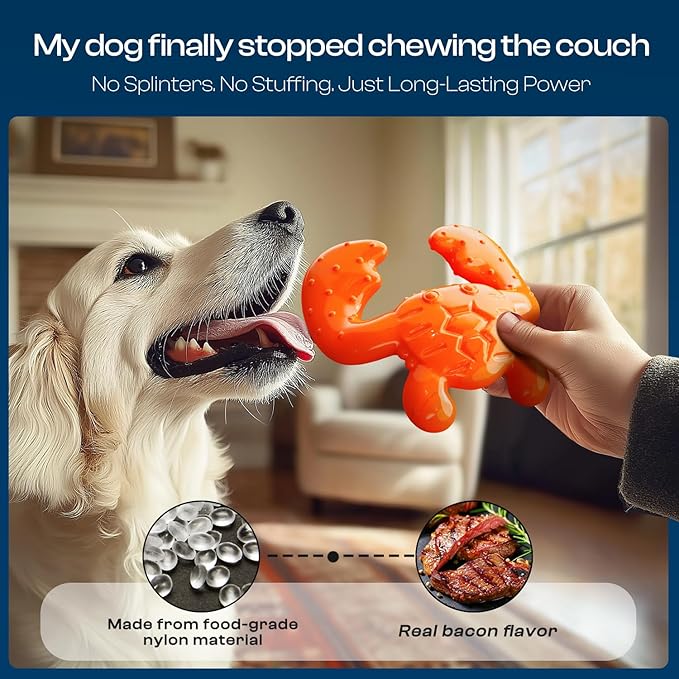 Indestructible Dog Chew Toy for Aggressive Chewers – Durable Nylon Crab Shape, Bacon Flavor, Treat Dispensing Chew Toy for Large Dogs, Teeth Cleaning & Anxiety Relief