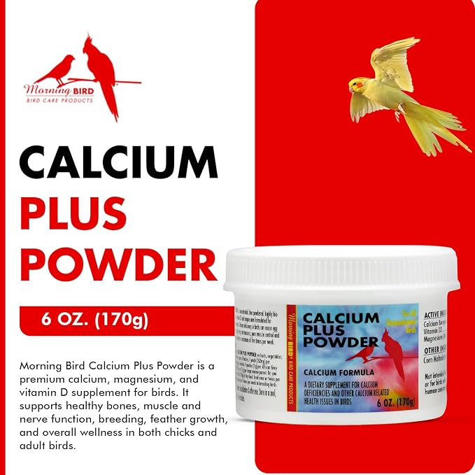 Morning Bird Calcium Plus Powder for Birds 6 oz – Calcium Supplement with Vitamin & Protein Powder – Supports Bone Health, Muscle Function & Digestive Balance – Easy-to-Mix Calcium Formula