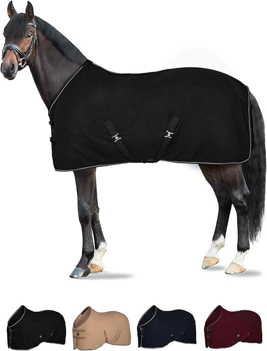 HORZE Kiel Fleece Horse Cooler Blanket | Quick-Dry Fleece Horse Cooler Sheet with X-Surcingles & Tail Cord - Black - 72 in
