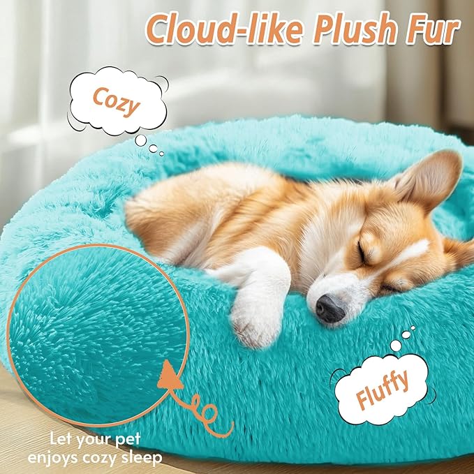 JOLLYVOGUE Calming Dog & Cat Bed for Small Dogs, Anti-Anxiety Donut Cuddler Cozy Soft Round Bed with Anti-Slip Bottom, Fluffy Faux Fur Plush Cushion Beds for Small Medium Pets (20")