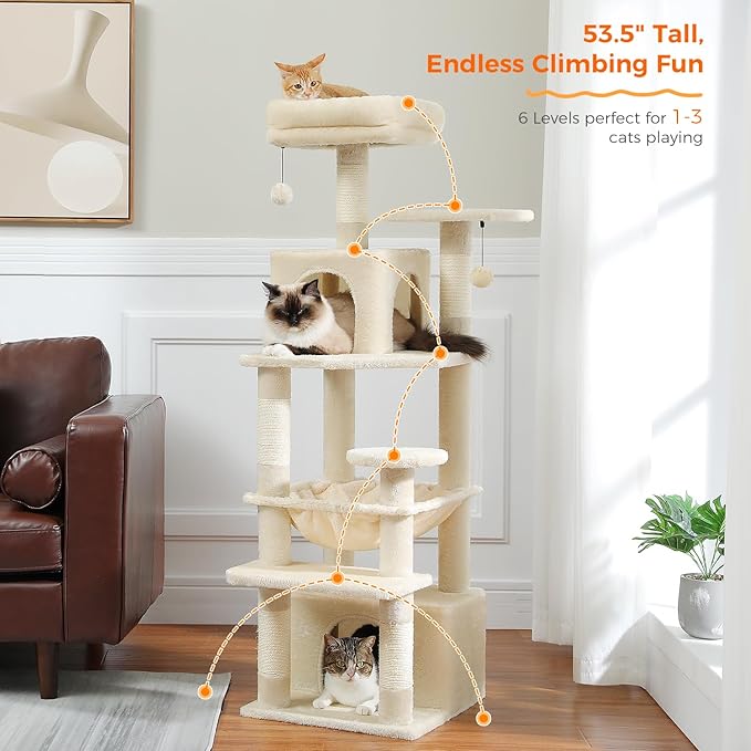 PAWZ Road Cat Tree, 53.5 Inches Tall Cat Tower with Spacious Hammocks, Condos and Scratching Posts, Cat House with Dual Padded Perches for Indoor Large Cats-Beige