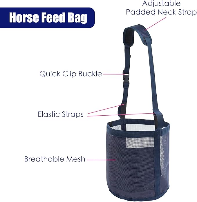 Horse Feed Bag for Grain - Heavy Duty Mesh Horse Feeder with Adjustable Strap,Comfort Neck Pad,Nose Pad Horse Muzzle Feed Bag(Medium,2pink)