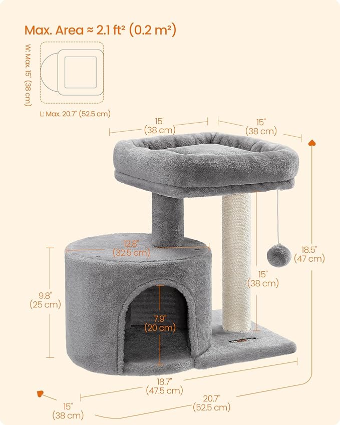 Feandrea Cat Tree Tower with Sisal Scratching Post, Cat Condo with Padded Perch, for Small Spaces, Kittens, Light Gray UPCT50W
