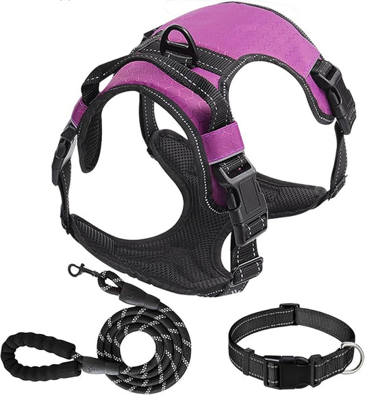 Dog Harness Set, No Pull Dog Vest Harness and 5ft Leash & Collar for Small Medium Sized Large Dog Cat,Adjustable Soft Nylon Padded Dog Vest Reflective Front Clip Vest with Easy Handle -Purple XL