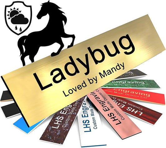 Horse Stall Name Plate, 2x12 Personalized Stall Signs, UV Protected, All Weather Adhesive, Hanging, Mounting or Other, Brushed Brass Plastic Black Letters - Made in USA - M6