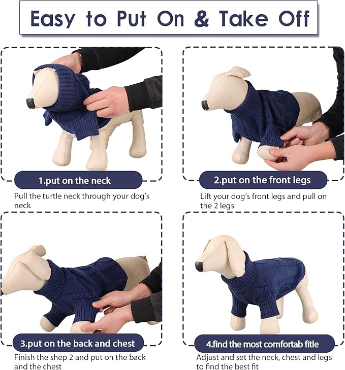 Queenmore Small Dog Pullover Sweater, Cold Weather Cable Knitwear, Classic Turtleneck Thick Warm Clothes for Chihuahua, Bulldog, Dachshund, Pug (Dark Navy, Large)