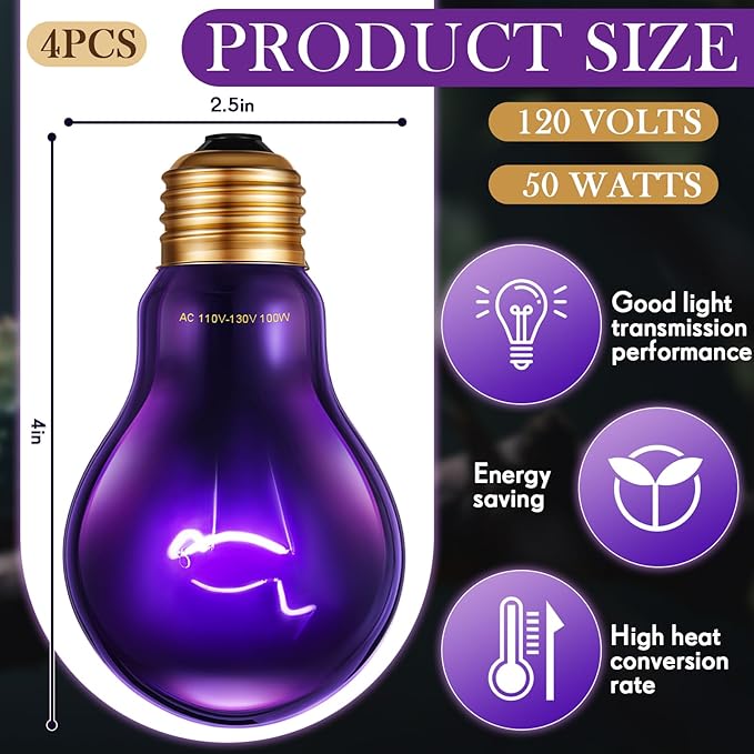 Retisee 4 Pack 50W Reptile Night Heat Lamp Simulate Moonlight Heat Bulb Purple Lamp Reptile Night Heat Bulb for Dragon Bearded Snake Lizard Turtle Chameleon Amphibians