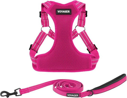 Best Pet Supplies Voyager Mesh Dog Breathable Harness Reflective Stitching, All Weather Adjustable for Walking Training, or Running - Heavy Duty & Durable, Harness Leash Set (Fuchsia), S