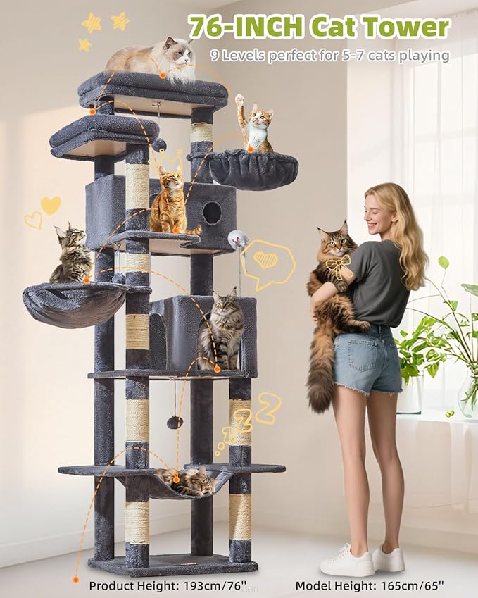 Taoqimiao Tall Cat Tree, 76-Inch Cat Tower with Scratching Posts，Sturdy Cat tree for Indoor Cats Large Adult with 2 Condos, 2 Perches, 2 Hanging Baskets, Hammock, 8 Scratching Posts, MS046G Smoke Gray