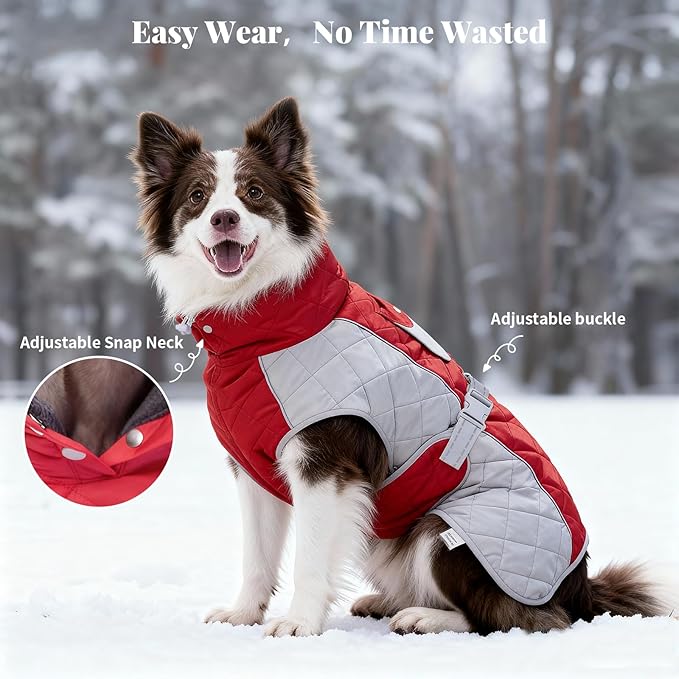 Dog Coat Dogs Winter Coat- Fleece Lined,Water-Resistant,Convertible Collar,Back Reflective Strip&Easy to Wear for Outdoor Walking Dog-Jacket(Red, XX-Large)