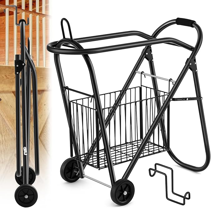 Horse Saddle Tack Cart with Wheels, Rolling Iron Heavy Duty Trailer Organizer with Hooks Foldable Horse Cinch Equipments Stable Storage Tool for Saddle Moving Transport Organizer Supplies