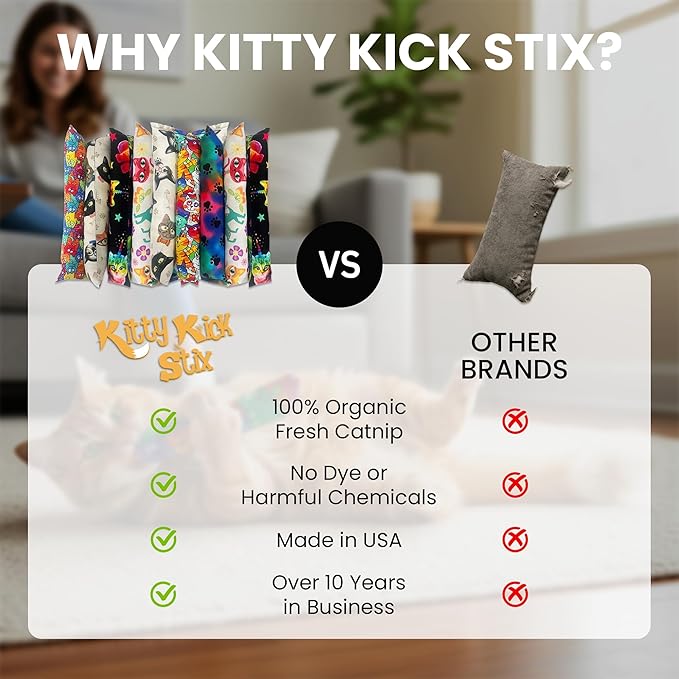 Kitty Kick Stix 15" Catnip Kicker Toy – Set of 2 | Handmade in USA | Interactive Cat & Kitten Toy | Durable Kicker Packed with 100% Potent Catnip for All Breeds (Light/Dark Mix)
