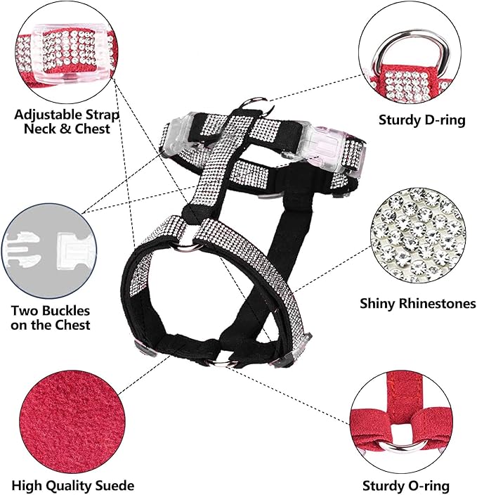 Dog Reflective Rhinestone Harness, No Pull Adjustable D-Ring Harness Walking Harness for Small Meduim Large Dog(Black,XS)