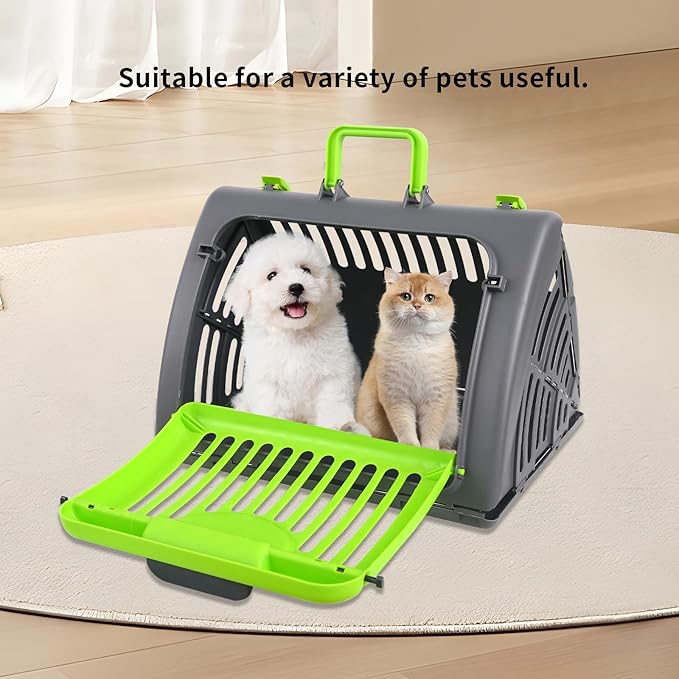 Foldable Travel Cat Carrier, Small Cat Carrier Hard Up to 25lbs, 18" Lx14.5 Wx14 H Front Open Type Plastic Cat Carriers, Green
