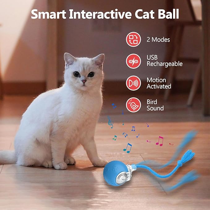 Interactive Cat Toys, Automatic Moving Cat Toys for Bored Indoor Adult Cats, Fast Rolling, Chirping & Motion-Activated Kitty Toys, Fun Gift for Cats with Speedy Tail 2.0, USB Rechargeable (Blue)