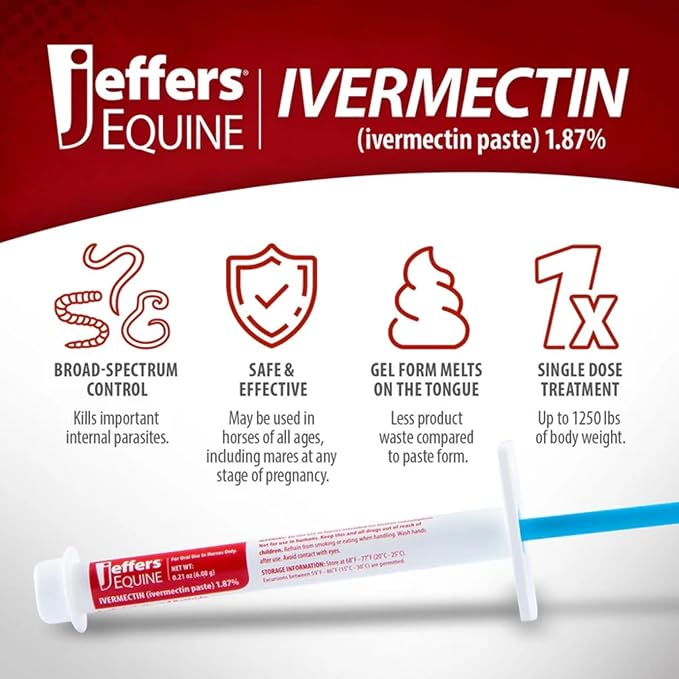 Jeffers Ivermectin Gel Dewormer for Horses - Apple Flavored, 1.87% Broad Spectrum Dewormer Paste with Syringe - Effective Parasite Control for Worms,Pinworms,Bots-Safe for Equine of All Ages-(3 Pack)