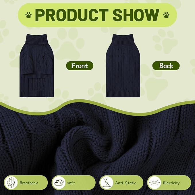 Small Dog Thermal Pullover Sweater, Classic Turtleneck Cable Knitwear Dog Clothes for Cold Weather Warm Pet Clothes for Chihuahua, Bulldog, Dachshund, Pug Navy XX-Large